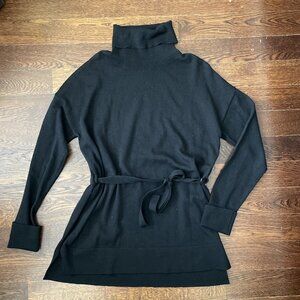NEW Tahari Black Merino Wool Belted Turtleneck Sweater Tunic-Large